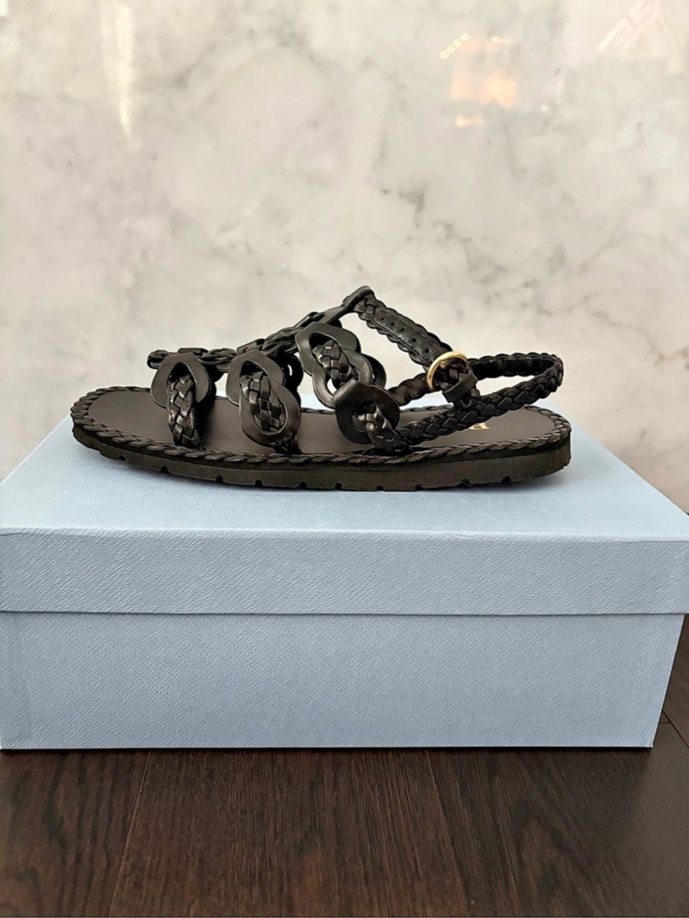 Prada Braided Leather Flat Sandals Black EU 36